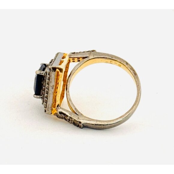 Estate Two-Tone Sterling Silver Blue Gemstone CZ Halo Statement Ring 6.5 925 - Picture 4 of 10